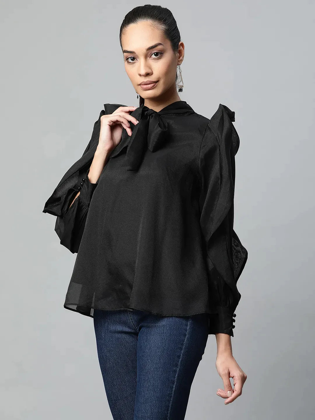 Women Keyhole Neck Full Sleeve Blouson Top