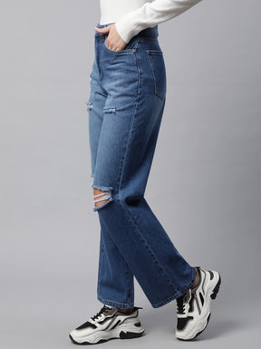 Women Mid Blue Distressed Knee Straight Leg Mid Rise Jeans