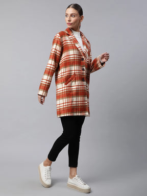 Women Orange Relaxed Fit Checkered Single Breasted Coat