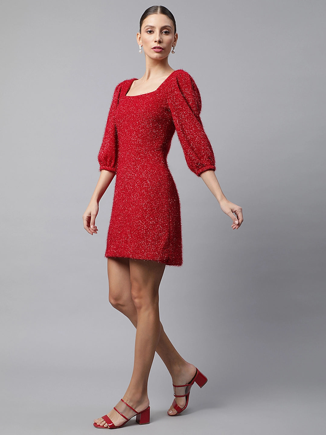 women red shimmery sheath party dress