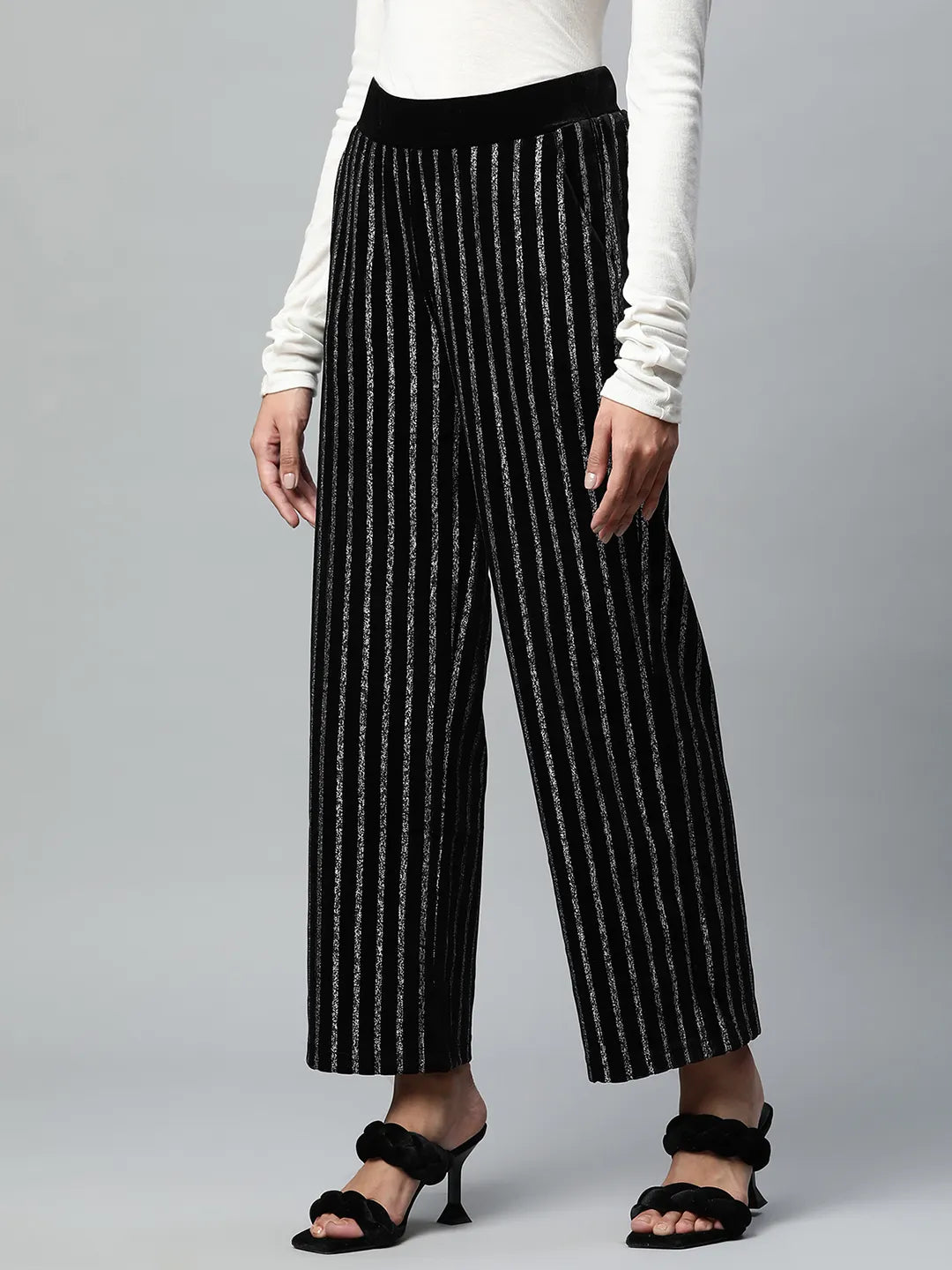 Black Striped Foil Printed Velvet Trousers