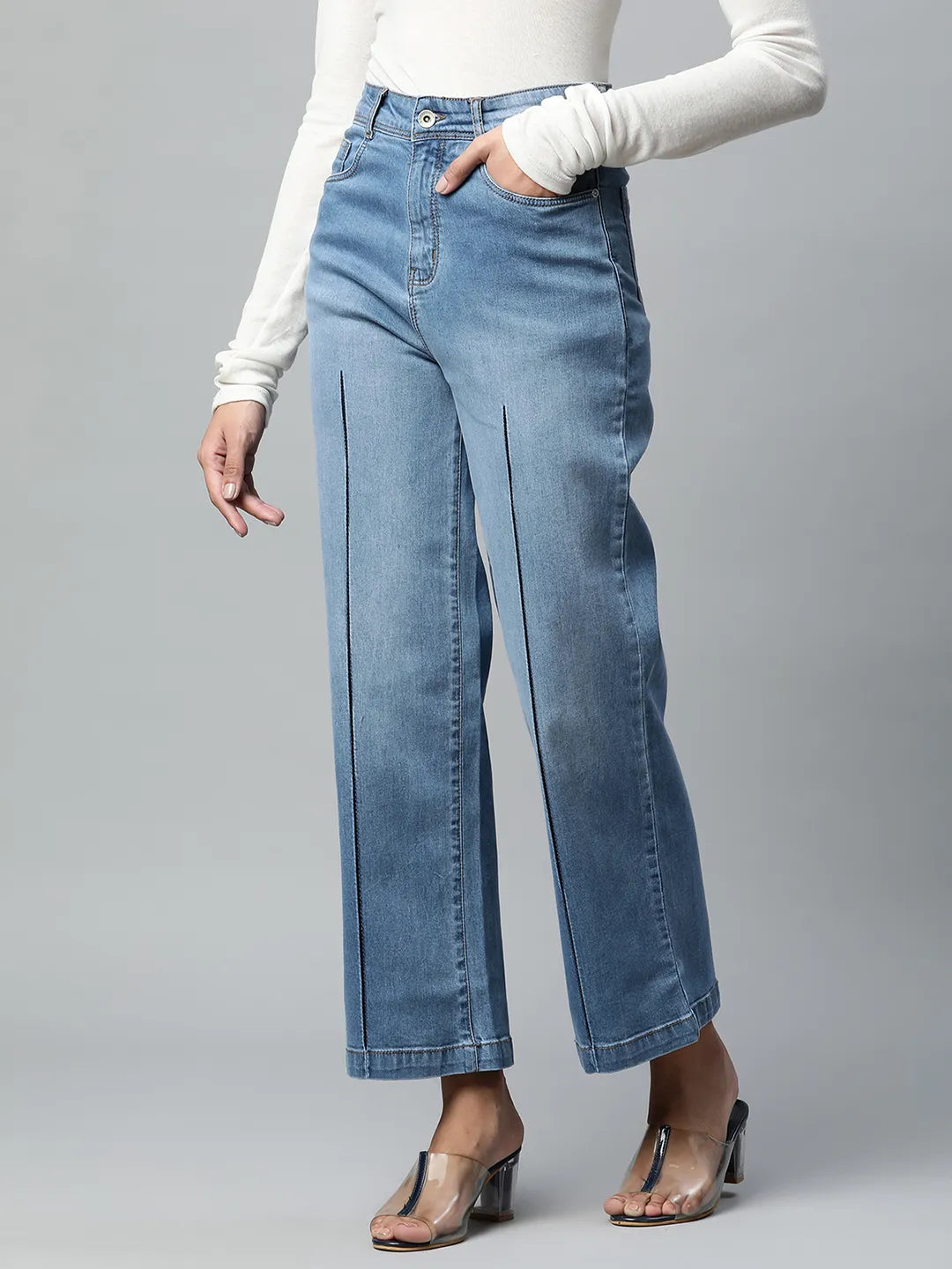 Women Full Length Wide Light Blue Stitch-Open Jeans - Global Republic