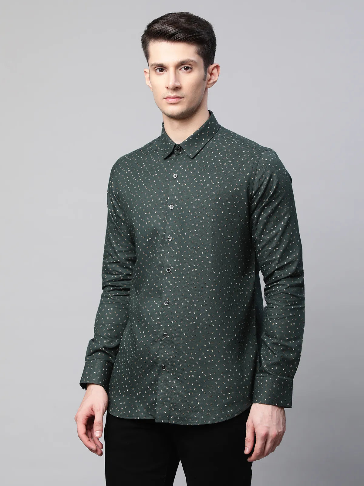 Mens Olive Regular Fit Overall Printed Shirt - Global Republic