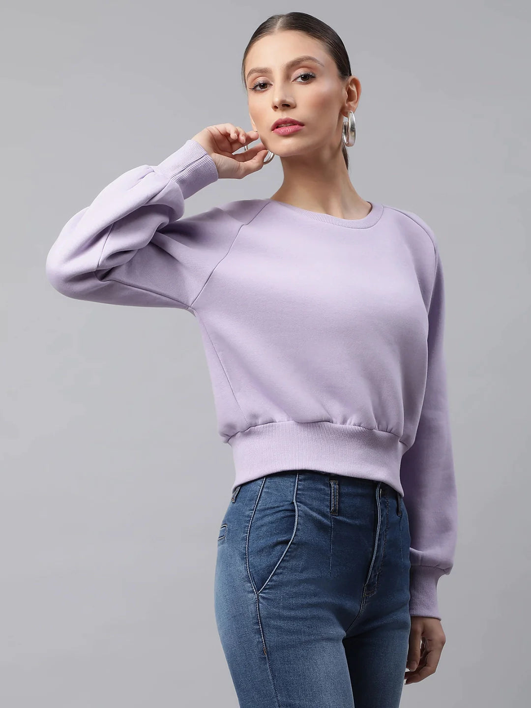 Women Lilac Raglan Sleeves Anti Fit Fleece Sweatshirt