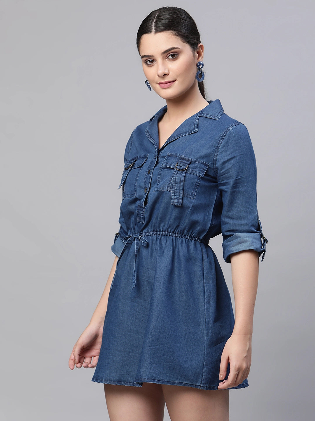 women notch collar folded quarter sleeves dark blue solid regular fit denim dress