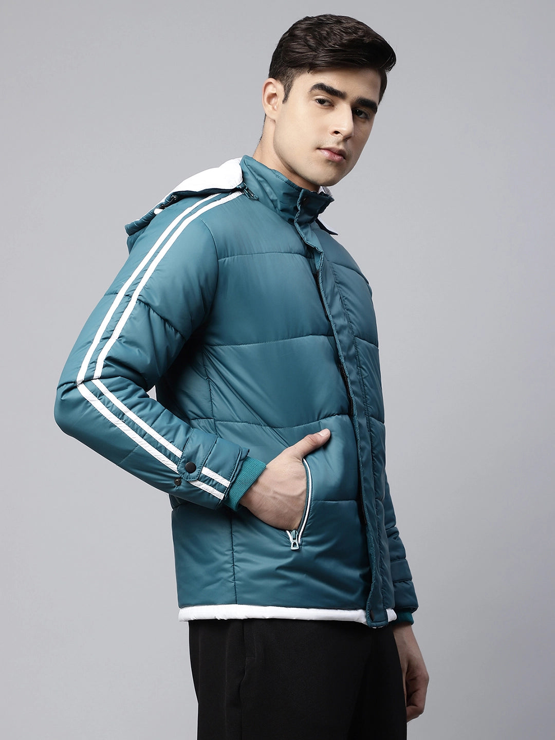 Mens Turquoise Detachable Hood Puffer Jacket - Global Republic