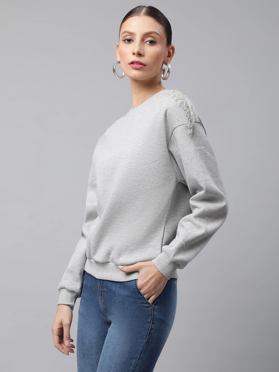 Women Grey Swarovski Shoulder Detail Relaxed Fit Fleece Sweatshirt