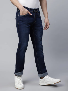 Mens Dark Blue Wiskering Effect Straight Leg Mid Rise Jeans