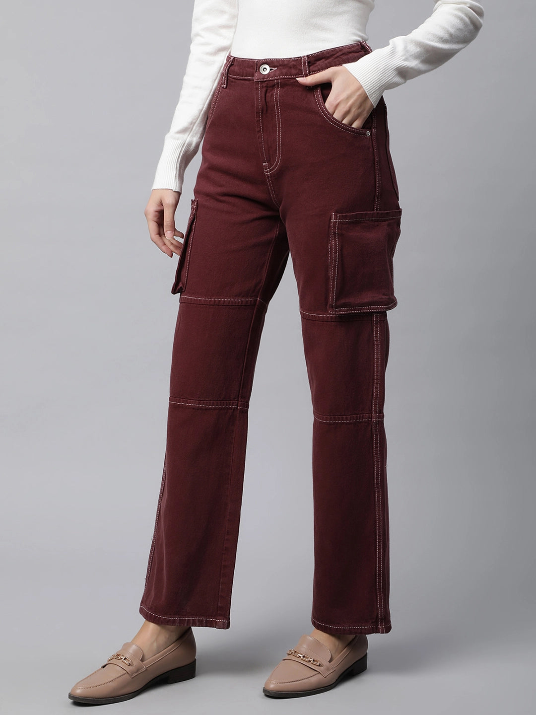women wine cargo style straight leg mid rise jeans