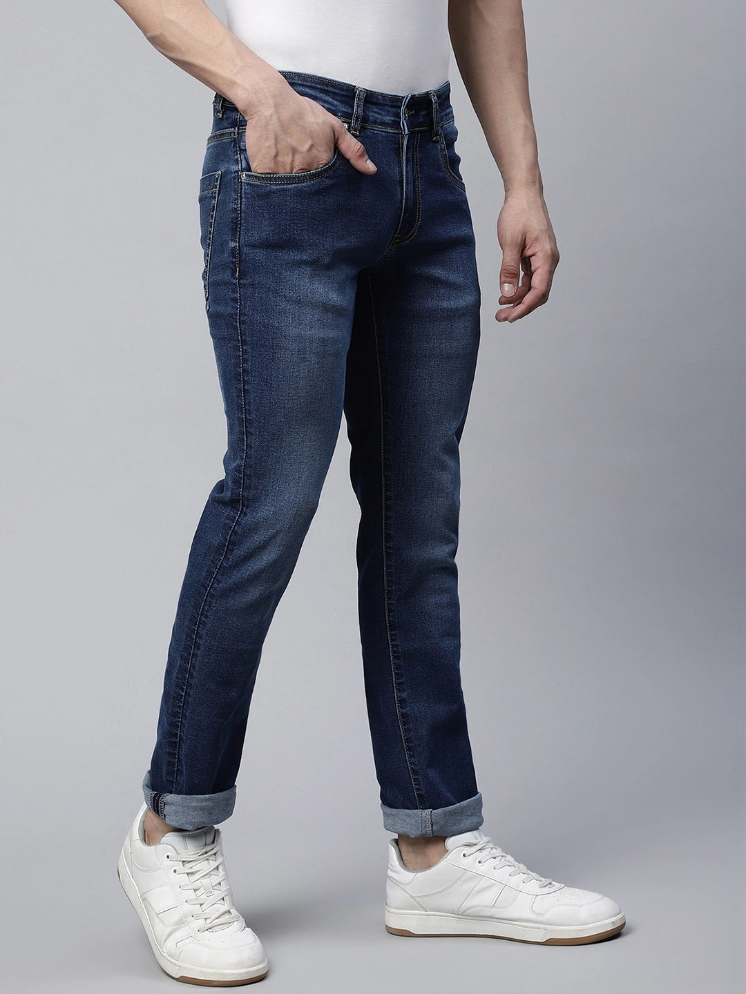 Mens Mid Blue Wiskering Effect Straight Leg Mid Rise Jeans