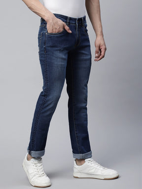 Mens Mid Blue Wiskering Effect Straight Leg Mid Rise Jeans