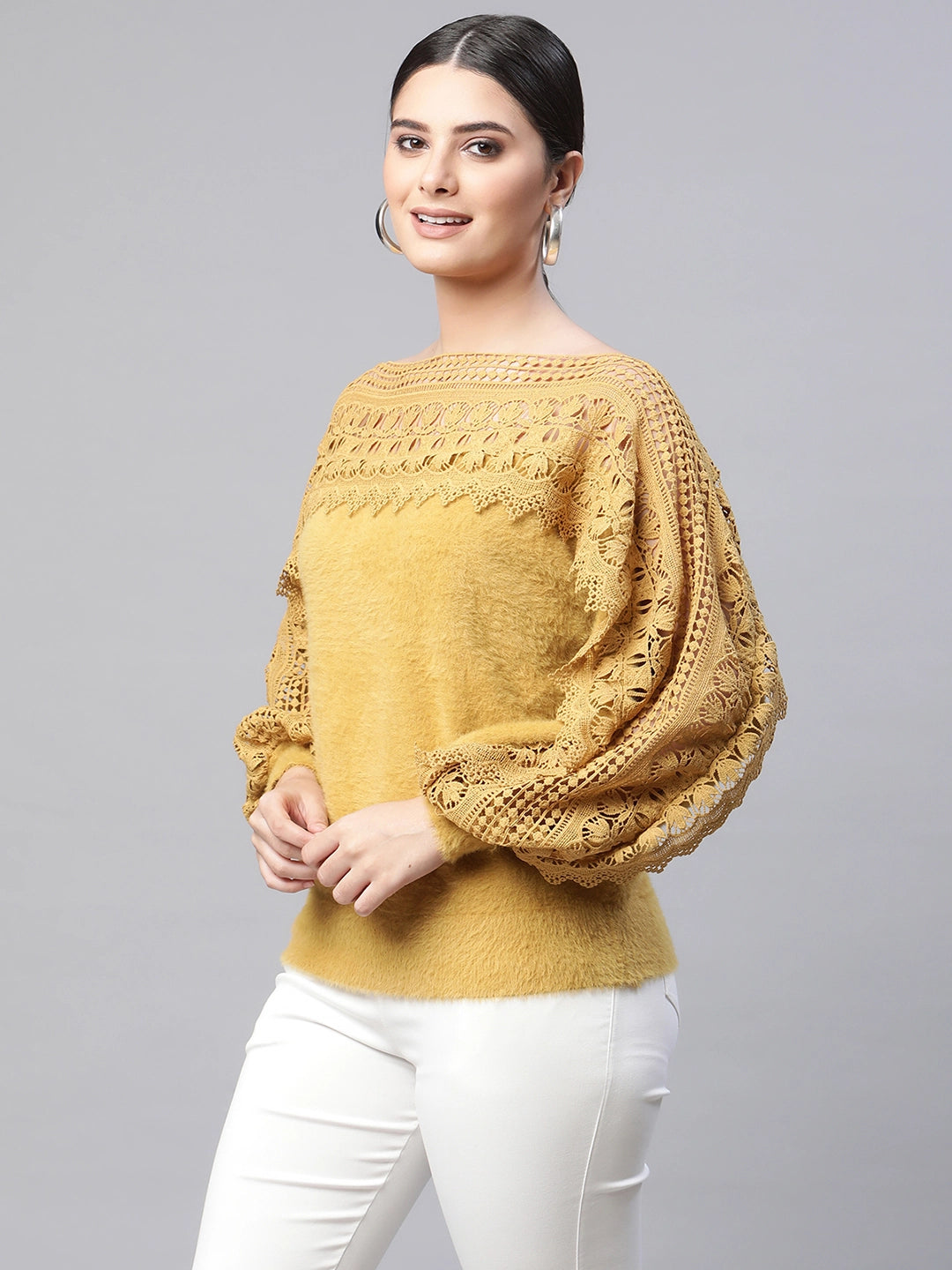 Buy Online Mango Laced Sleeves Knitted Pullover