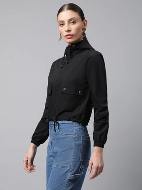 Women Black Street Style Hooded Cropped Jacket