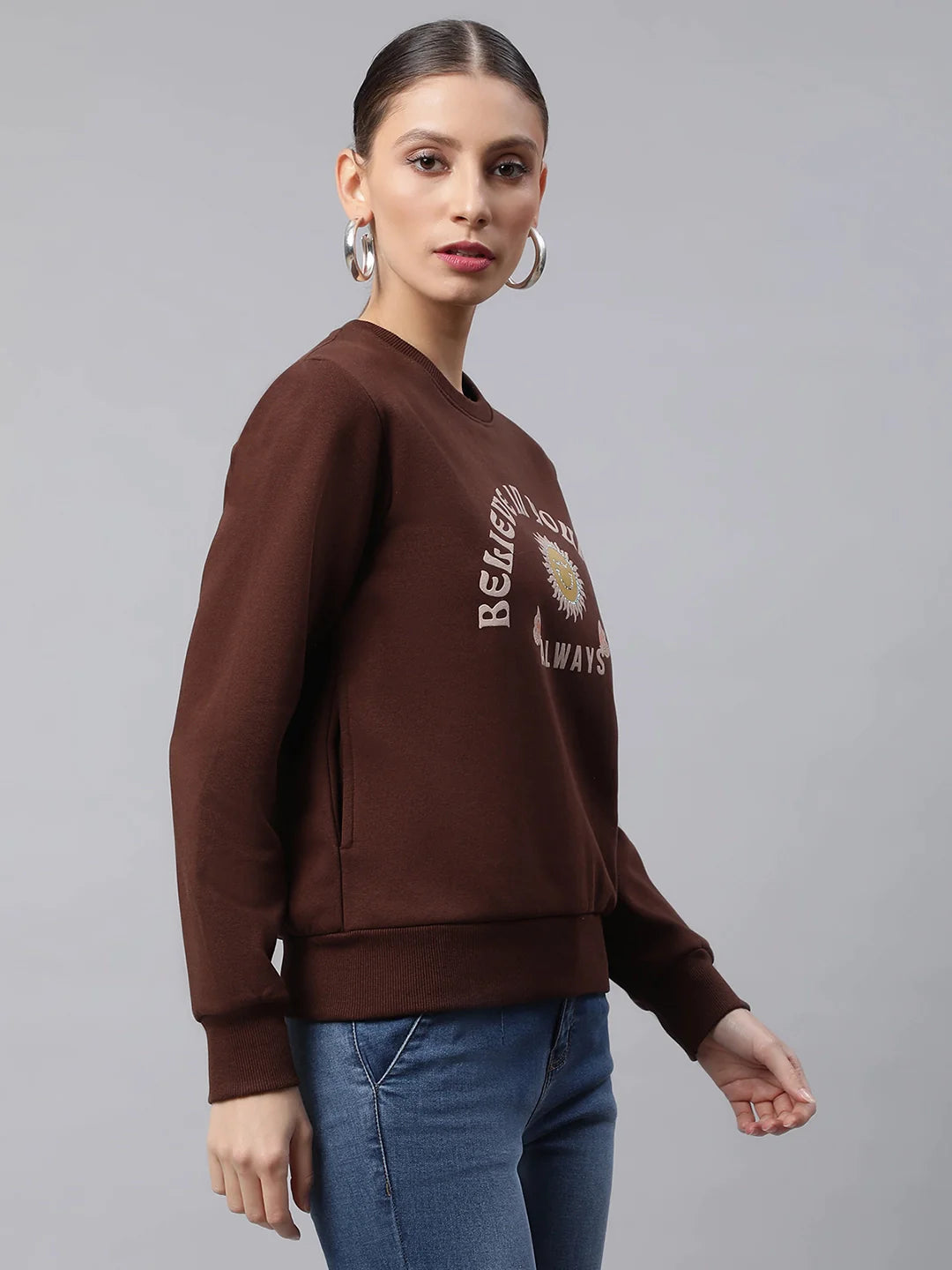 Women Brown Believe in Yourself Regular Fit Fleece Sweatshirt - Global Republic