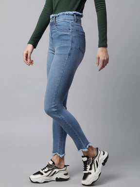 Women Light Blue Fringed Detail Skinny Leg High Rise Jeans