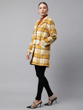 Women Mustard Relaxed Fit Checkered Single Breasted Coat
