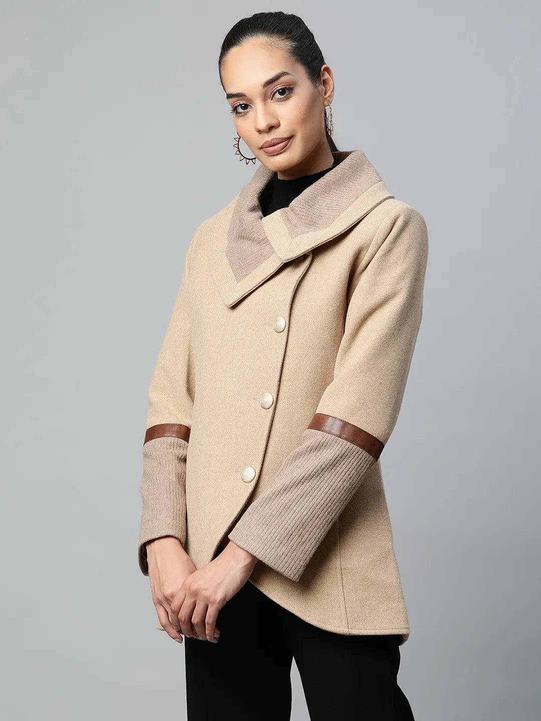 Shop Women Camel Spread Collar Double-Breasted Coat 