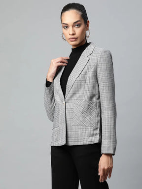 Women Grey Notch Collar Checkered Coat
