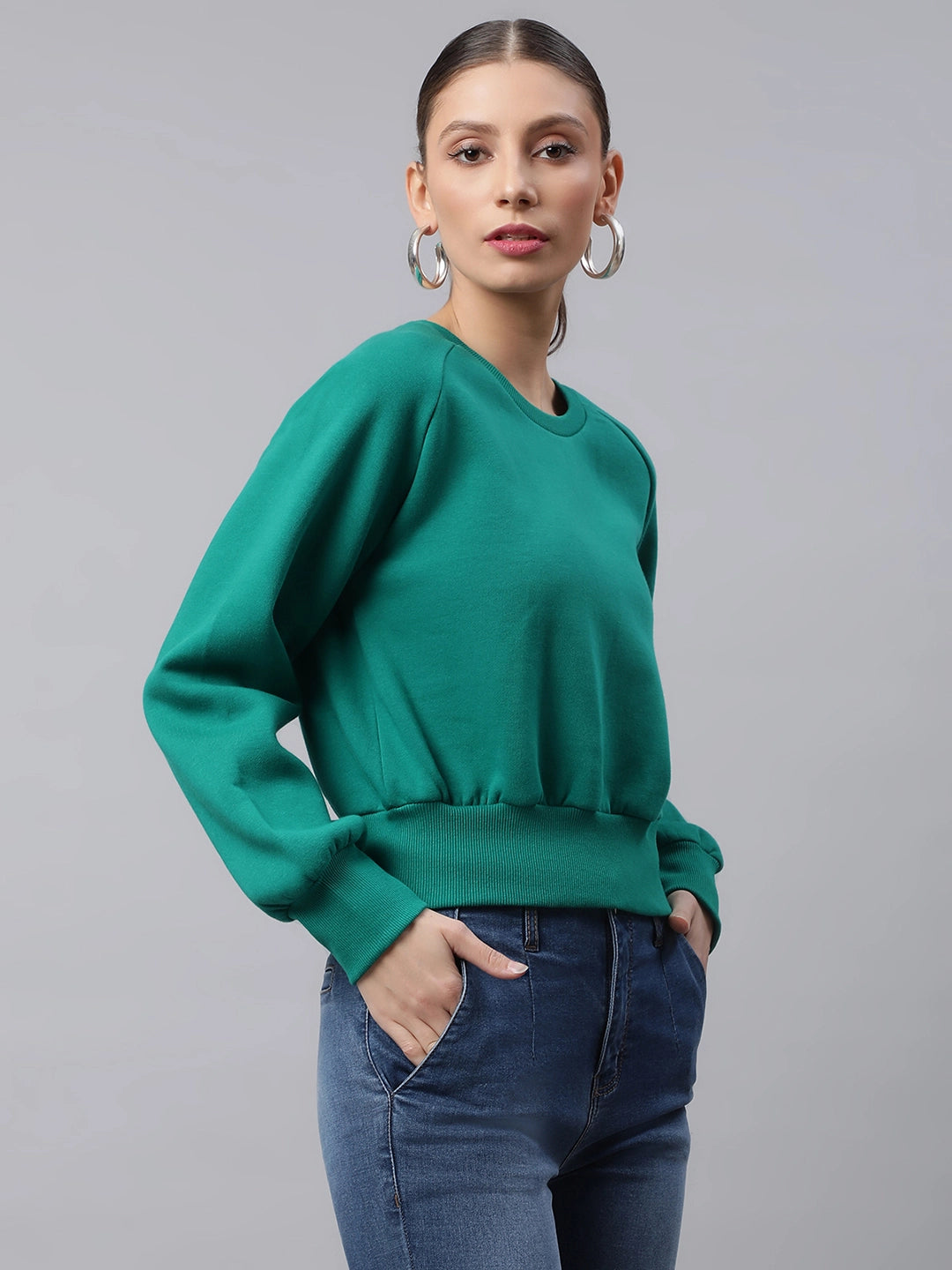 Women Green Raglan Sleeves Loose Fit Fleece Sweatshirt - Global Republic