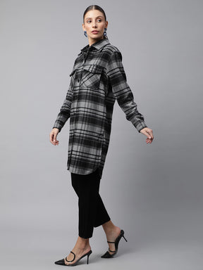 Women Black Checkered Flannel Knee Length Shacket