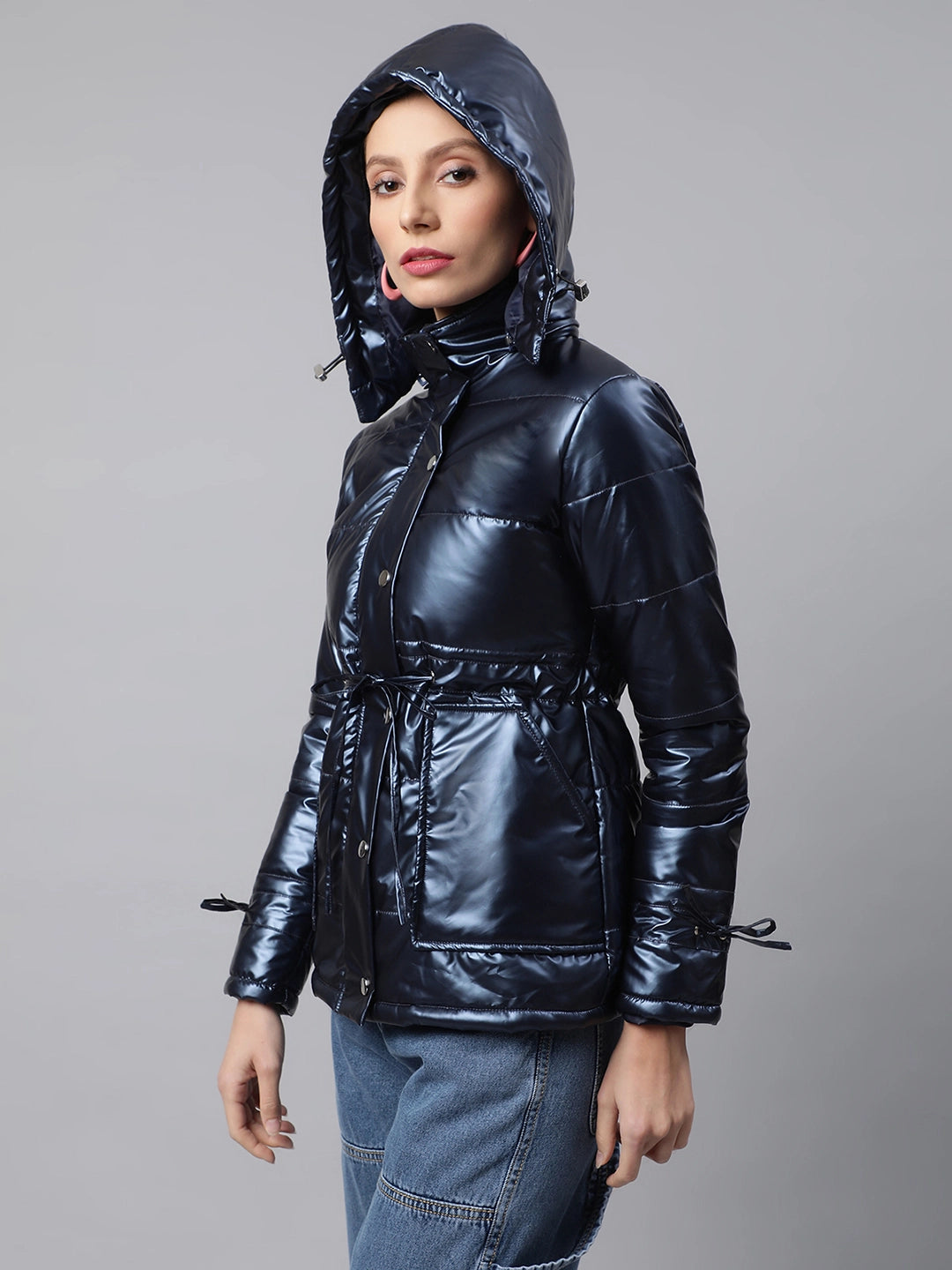 Women Navy Detactchable Hood Metallic Puffer Jacket