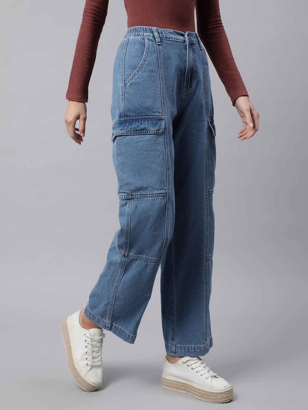 Women Light Blue Elasticated Waist Wide Leg High Rise Jeans