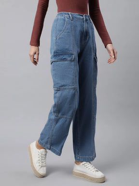 Women Light Blue Elasticated Waist Wide Leg High Rise Jeans