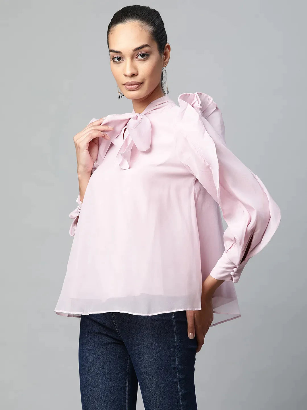 Women Keyhole Neck Full Sleeve Blouson Top