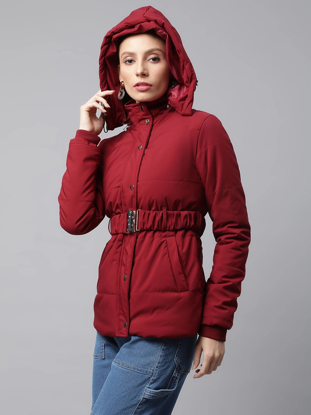 Women Red Regular Fit Detactchable Hood Puffer Jacket