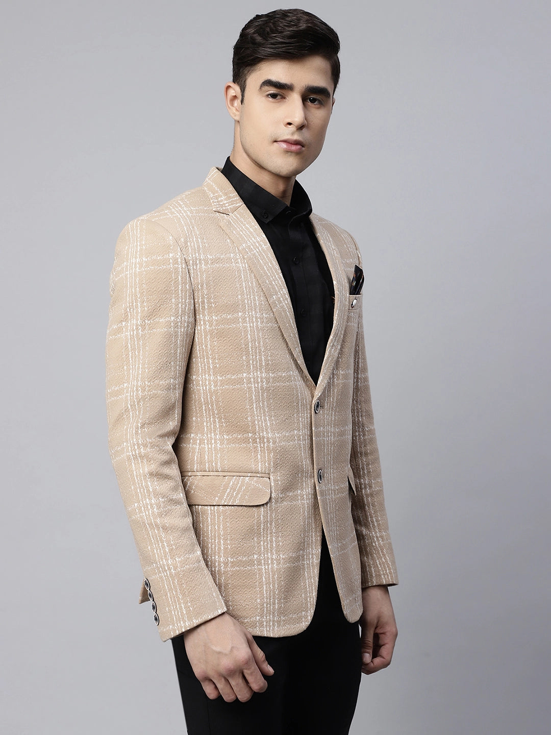 Mens Beige Tailored Fit Textured Check Pattern Coat - Global Republic