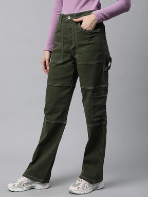 Women Olive Contrast Stitch Straight Leg Mid Rise Jeans