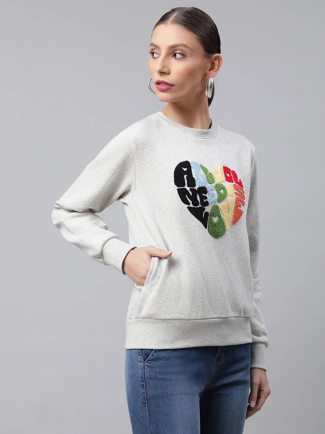 Women Ecru Typographic Heart Tufted Regular Fit Fleece Sweatshirt - Global Republic