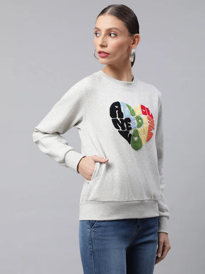 Women Ecru Typographic Heart Tufted Regular Fit Fleece Sweatshirt