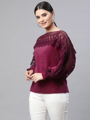 Women Solid Regular Fit Knitted Pullover With Plum 