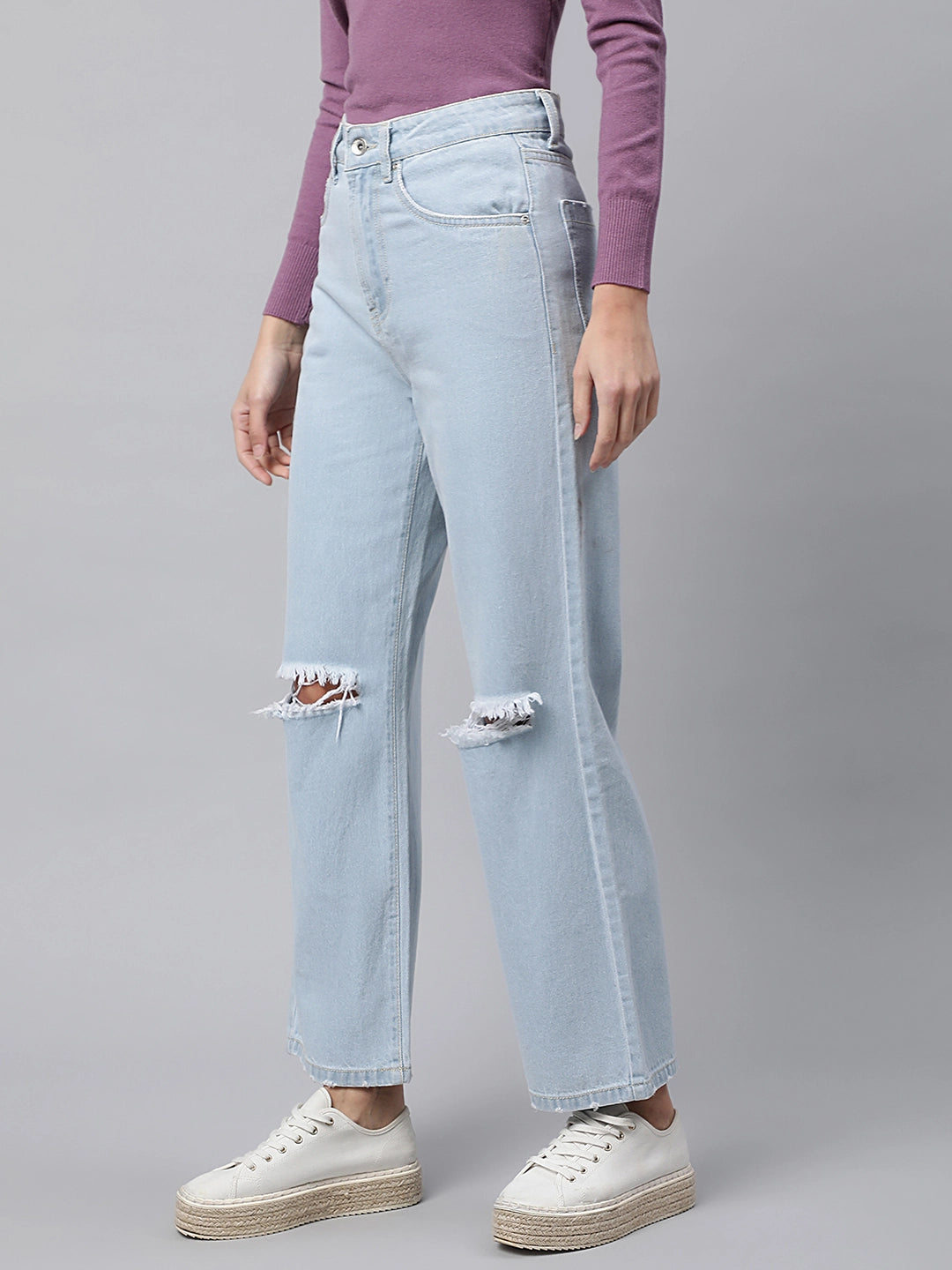 Women Light Blue Distressed Knee Straight Leg Mid Rise Jeans - Global Republic