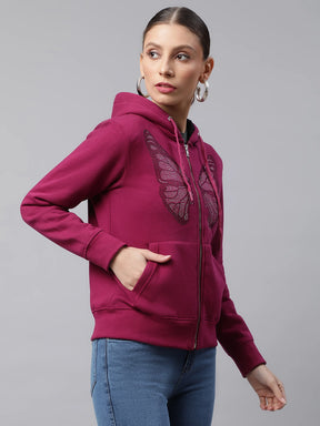Women Plum Hooded Butterfly Printed Regular Fit Fleece Sweatshirt