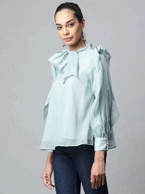 Women Teal Tie-Up Neck Ruffle Sleeve Blouse Top