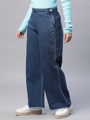 women blue denim solid jeans