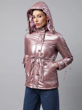 Women Coral Detachable Hood Metallic Puffer Jacket