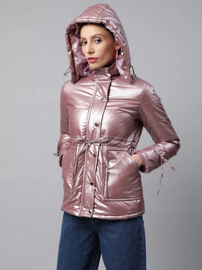 Women Coral Detactchable Hood Metallic Puffer Jacket