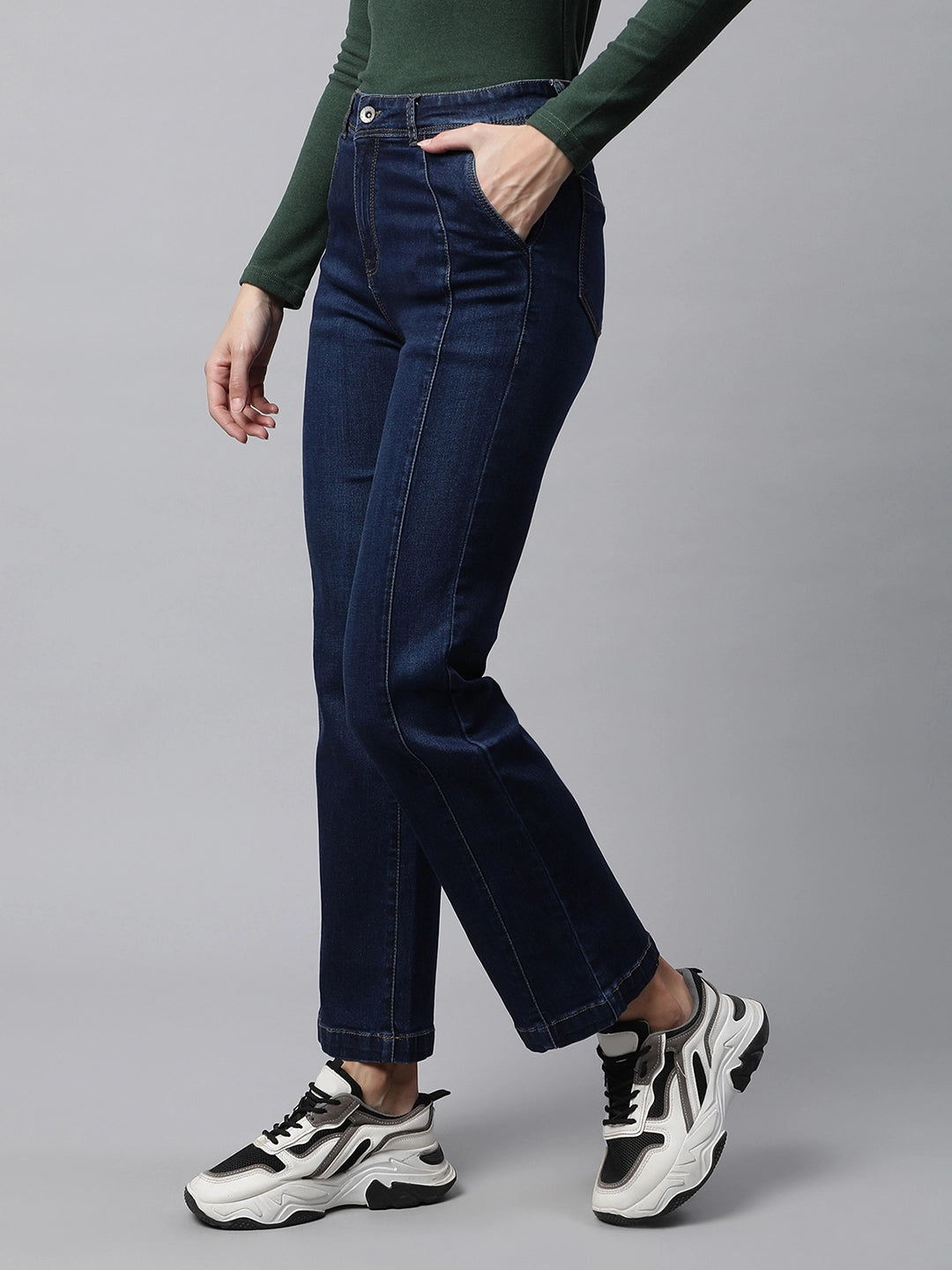 Women Blue Centre Seam Detail Straight Leg Mid Rise Jeans