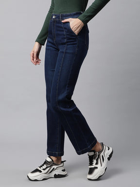 Women Blue Centre Seam Detail Straight Leg Mid Rise Jeans