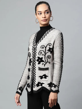 Buy Online Women Khaki V-Neck Floral Pattern Furry Jersey Cardigan