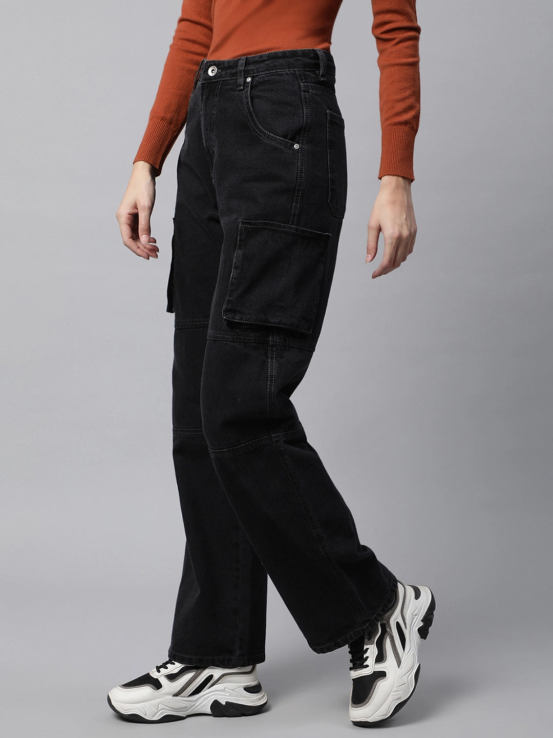 Women Iron Grey Cargo Style Straight Leg Mid Rise Jeans - Global Republic