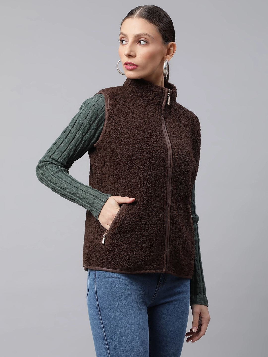 Tan High Neck Zipper Polar Fleece Jacket - Global Republic