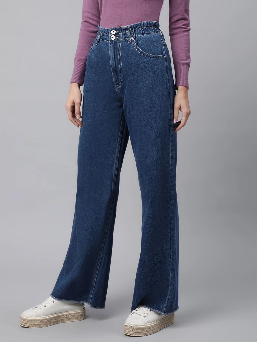 women mid blue paperbag waist straight leg mid rise jeans