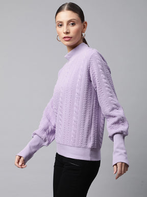 Women Lilac Self Textured Regular Fit Fleece Sweatshirt