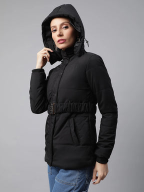 Women Black Regular Fit Detactchable Hood Puffer Jacket