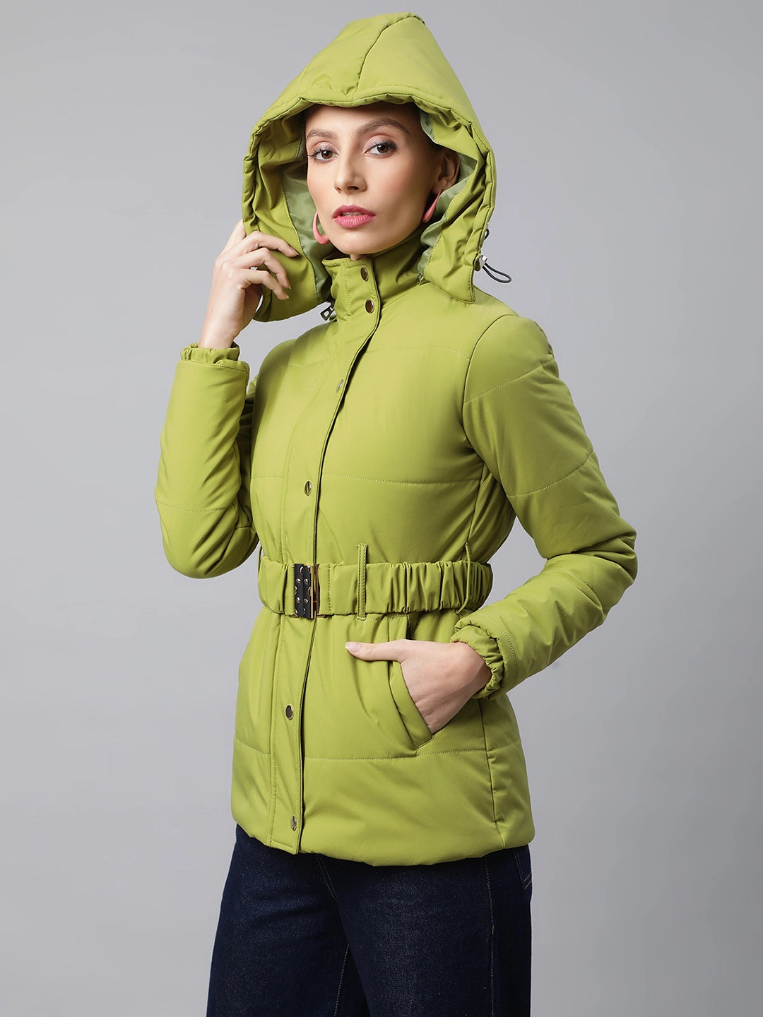 Women Green Detachable Hood Puffer Jacket