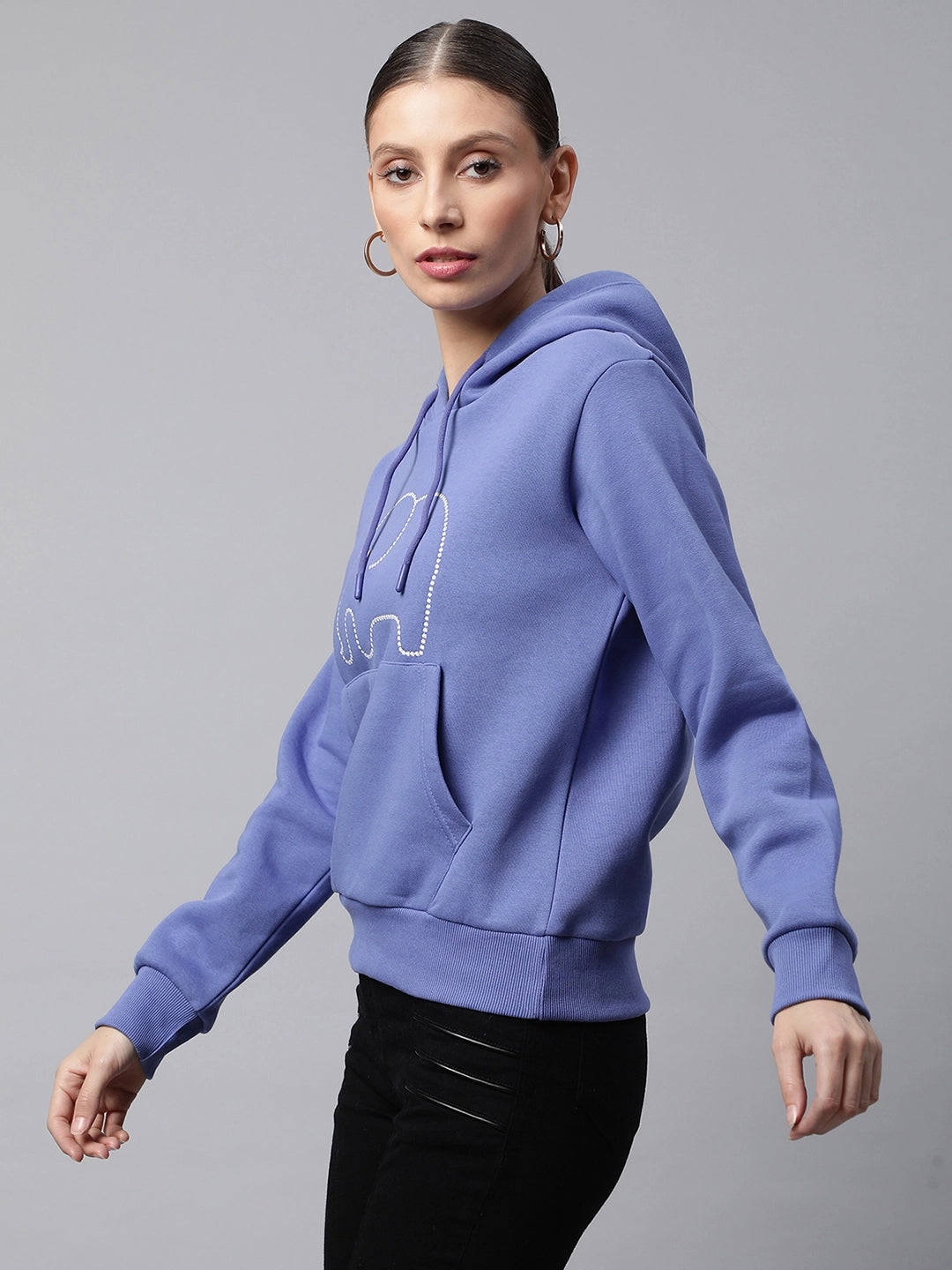 Women Purple Kangaroo Pocket Loose Fit Fleece Hooded Sweatshirt